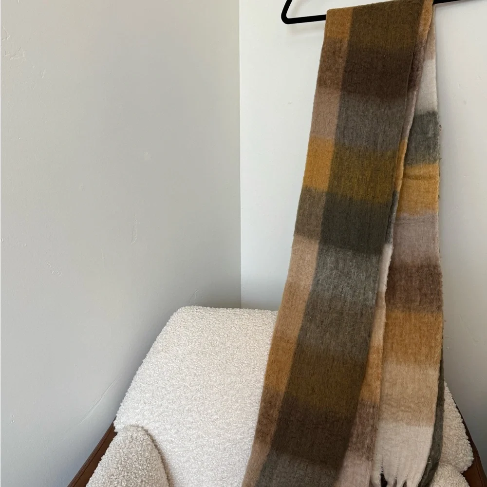 Cozy Plaid Fringe Scarf in Brown & Cream - Unbranded